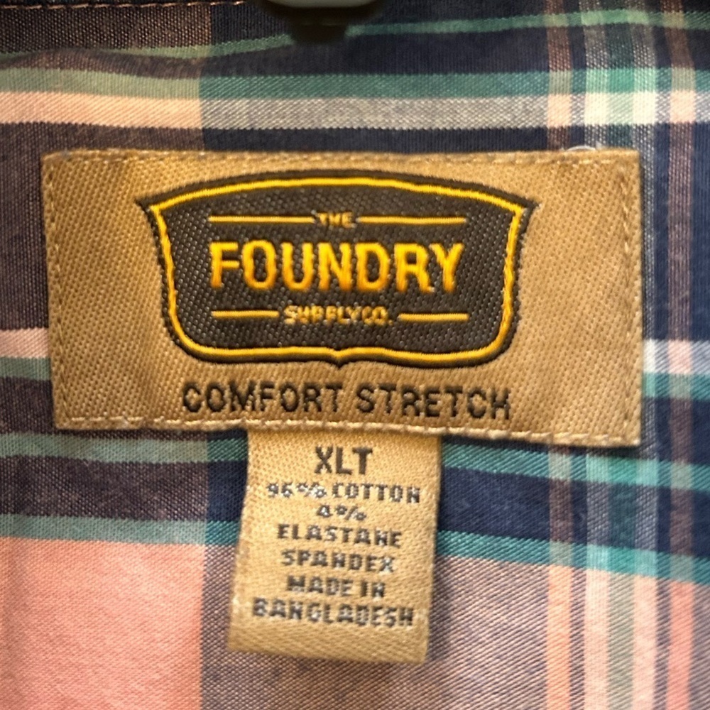 FOUNDRY COMFORT STRETCH XLT PINK BLUE BUTTON UP SHORT SLEEVE PLAID TOP cotton - Picture 8 of 8